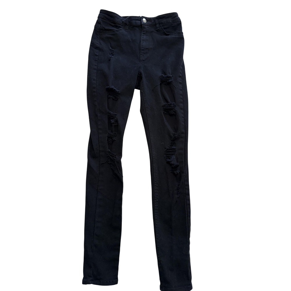H&M Skinny Jeans Womens 4 Black Dark‎ Wash Mid Rise Distressed Stretch 26x27